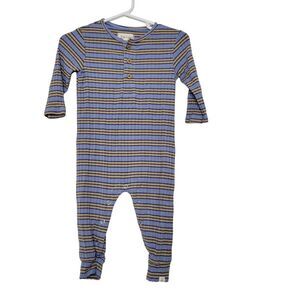 Me & Henry Ribbed Striped Romper 3/6M Baby Blue Tan Jumpsuit Footed Bodysuit